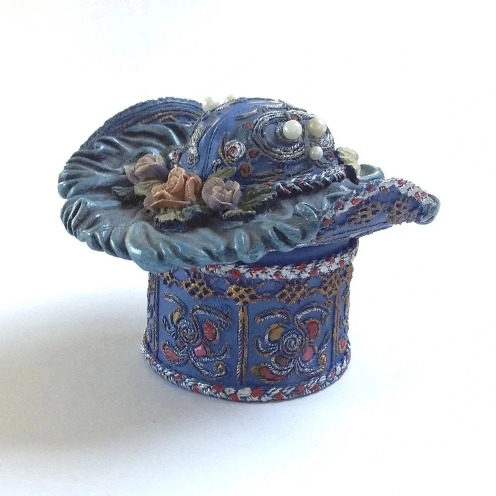 Trinket Box Hat Adorned Pearl Floral Feather Jewelry Box Home Decor Blue